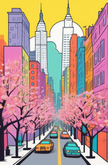 Beautiful view of modern buildings in big city, spring blossom, illustration style of cubism art movement in pastel tones, travel concept - obrazy, fototapety, plakaty