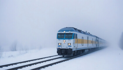 Obraz premium Passenger train moves through fog and heavy heavy snow