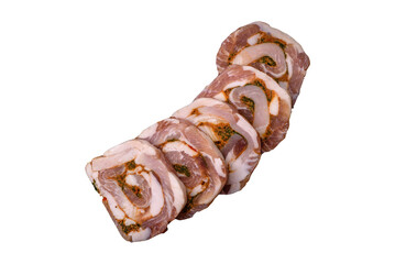 Delicious meatloaf with lard, salt, spices and herbs cut into slices