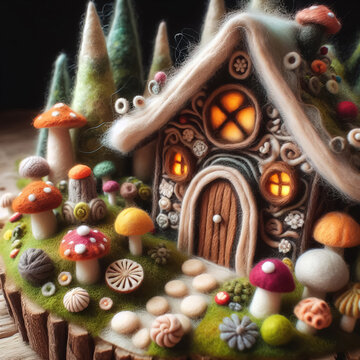 felt art patchwork, Fantasy home of tiny wood dweller in forest