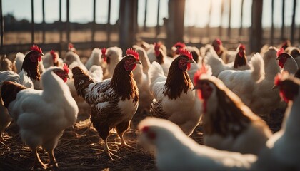 hundreds of chickens in the chicken farm
 - obrazy, fototapety, plakaty