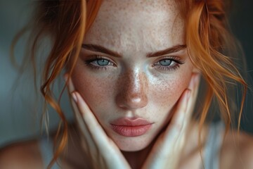 A captivating woman with fiery red hair and playful freckles gazes intensely at the camera, her stunning features highlighted by long lashes, defined brows, and a pop of red lipstick on her full lips