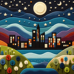 felt art patchwork, city view at night