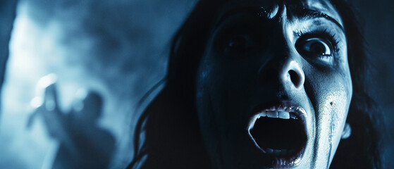 a final girl from a movie has extreme fear in her eyes