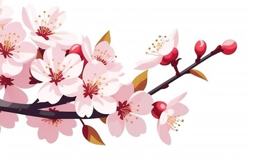 Fototapeta premium Cherry blossoms flowers in blooming on branch on pink background. Spring and romantic Sakura, apple tree. White isolated background