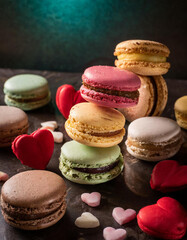Fototapeta na wymiar valentine's day french macaroons, macarons, red, pink and white assortment of romantic dessert, roses and heart sprinkles