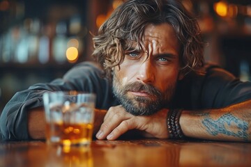 Amidst the dimly lit bar, a bearded man sits at a table, lost in thought as he nurses his drink, his glasses reflecting the weariness etched on his face - obrazy, fototapety, plakaty