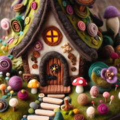 felt art patchwork, Fantasy home of tiny wood dweller in forest