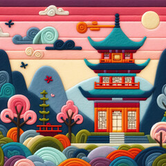felt art patchwork, Chinese temple in the garden
