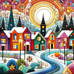 felt art patchwork, European colorful houses along winter snowy street, minimalist style flat art design landscape
