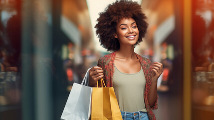 A Black African American woman with an afro standing in front of a store and carrying shopping bags, smiling and walking downtown, shops nearby 