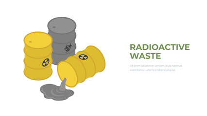 Barrel with radioactive and toxic substance is spilled isometry. Leak of radioactivity and toxicity, contamination and pollution of environment because of environmental accident. Vector illustration - obrazy, fototapety, plakaty
