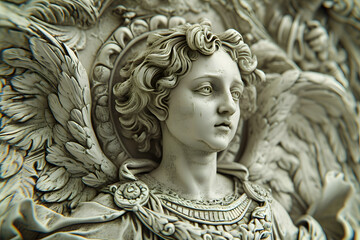 Un ángel barroco en relieve captura la esencia de la gracia divina y el arte clásico. - obrazy, fototapety, plakaty