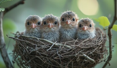 Amidst the rugged outdoor terrain, a cozy bird nest serves as the safe haven for a group of fluffy hatchlings, eagerly awaiting their mother's return with food