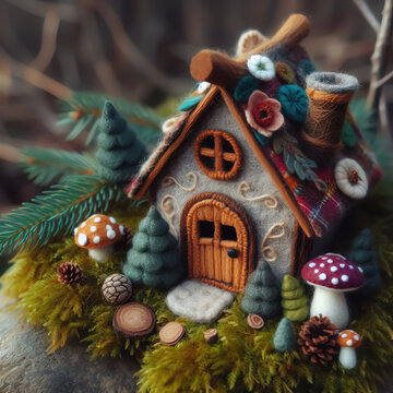 felt art patchwork, Fantasy home of tiny wood dweller in forest