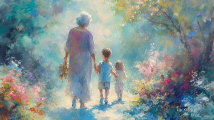 Oil painting. Grandmother and grandchildren. Different generations. - obrazy, fototapety, plakaty
