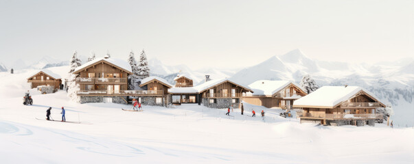 Alpine huts or cottages in winter land. Panoramatic view on chalets covered with snow in evening time.