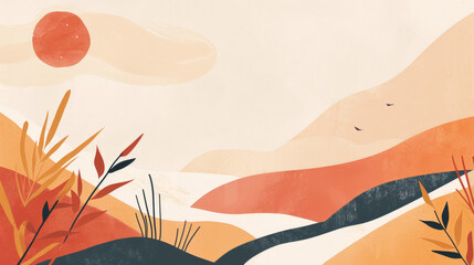 Fototapeta na wymiar Summer Hues: Warm Color Wallpaper with Minimalistic Abstract Landscape Shapes