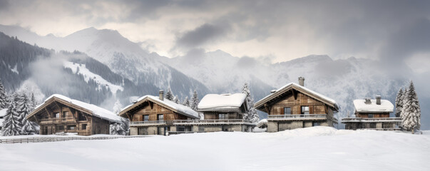 Alpine huts or cottages in winter land. Panoramatic view on chalets covered with snow in evening time.