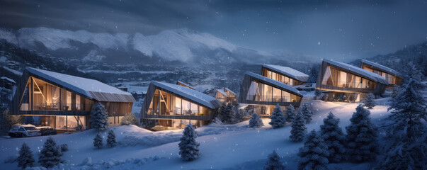 Fototapeta premium Alpine huts or cottages in winter land. Panoramatic view on chalets covered with snow in evening time.