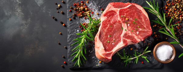 Raw piece of beef meat. Fresh meat on dark slate or black board top view.