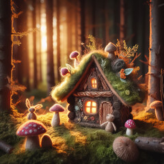 Fototapeta premium felt art patchwork, Fantasy home of tiny wood dweller in forest