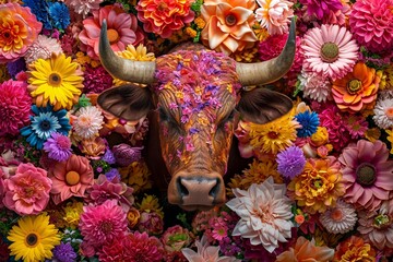 Bull sitting covered in a pile colorful flowers