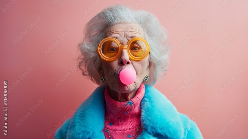 Poster an old woman with a pink bubble in her mouth