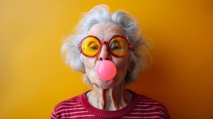 An older woman with glasses blowing a bubble