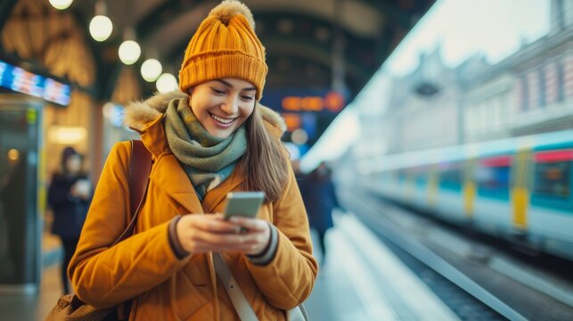 A young woman smiling and happily texting on her smartphone at a train station in the winter