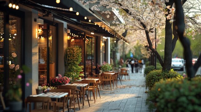 A sidewalk with tables and chairs on it