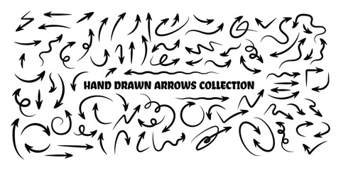 Hand drawn arrow set, Black Curvy arrows collection doodle sketch vector illustration 