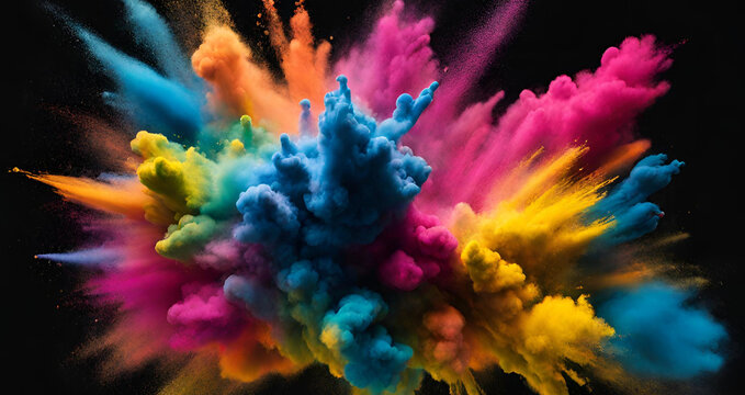 Beautiful holi powder colors explosion close up image, Abstract multicolored powder explosion on black background, Colorful rainbow holi paint powder explosion on black background illustration.