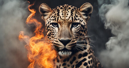 Leopard with fire on a black background The concept of wild animals, A leopard in the sky with clouds in the background.
