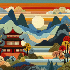 Fototapeta premium felt art patchwork, mountains host Chinese ancient architecture