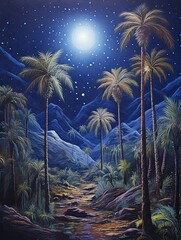 Fototapeta na wymiar Enchanting Arabian Nights: Desert Palms Amongst Starry Skies Canvas Print Landscape