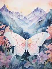 Ethereal Alpine Butterfly Adventures - Snow-capped Mountain Print & Watercolor Bliss