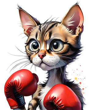 Portrait of a cat wearing boxing gloves