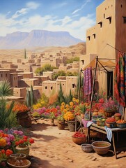 Exotic Moroccan Bazaars Meadow: Desert Marketplace Countryside Art Painting