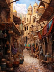 Exotic Moroccan Bazaars Pathway: Vibrant Market Streets Earth Tones Art