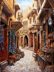 Fototapeta na wymiar Exotic Moroccan Bazaars Pathway: Market Streets Earth Tones Art