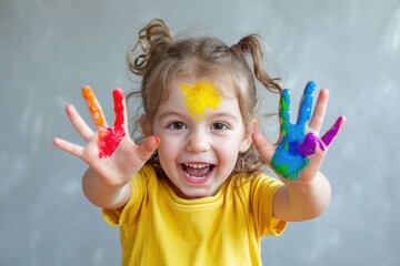 Happy smiling playing kid with painted hands