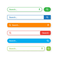 Colorful search bar templates. Internet browser engine with search box, address bar and text field. UI design, website interface element with web icons and push button. Vector illustration