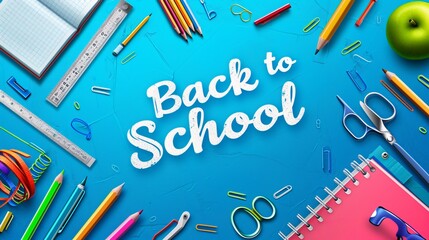 Back to School Title Words with Realistic School Items With Colored Pencils, Scissor, Pen and Ruler in a Blue Texture Background. Vector Illustration 