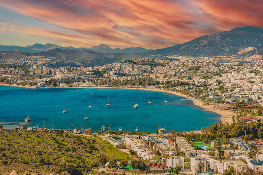 Bodrum Gumbet Bitez aerial view. Aegean Sea, traditional white houses, flowers, marina, sailing boats, yachts in Bodrum town Turkey
