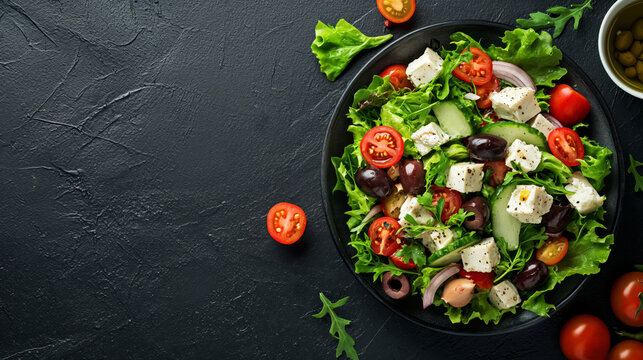 Top down view of a plate withgreek salad with olives, tomatos and goat cheese on a dark black stone texture background with space for text for designer