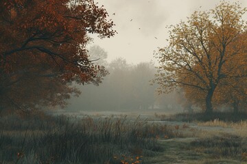 Obraz na płótnie Canvas Generative AI, Autumn aesthetic landscape panorama, muted neutral colors.