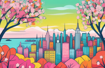 Beautiful view of modern buildings in big city, spring blossom, illustration style of cubism art movement in pastel tones, travel concept