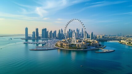 Bluewaters island and Ain Dubai ferris wheel on in Dubai, United Arab Emirates aerial view. New leisure and residential area in Dubai marina area  - obrazy, fototapety, plakaty