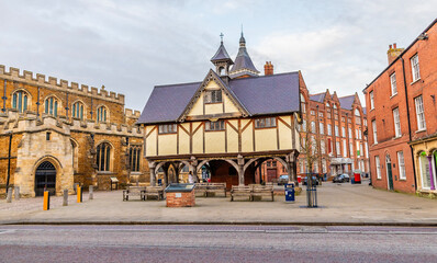 A view across the old market square in the town of Market Harborough in Winter
